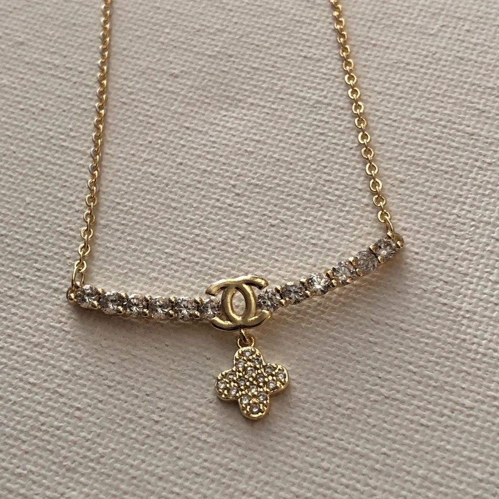 Gold-Tone Crystal Bar Necklace with Four-Leaf Clover Charm